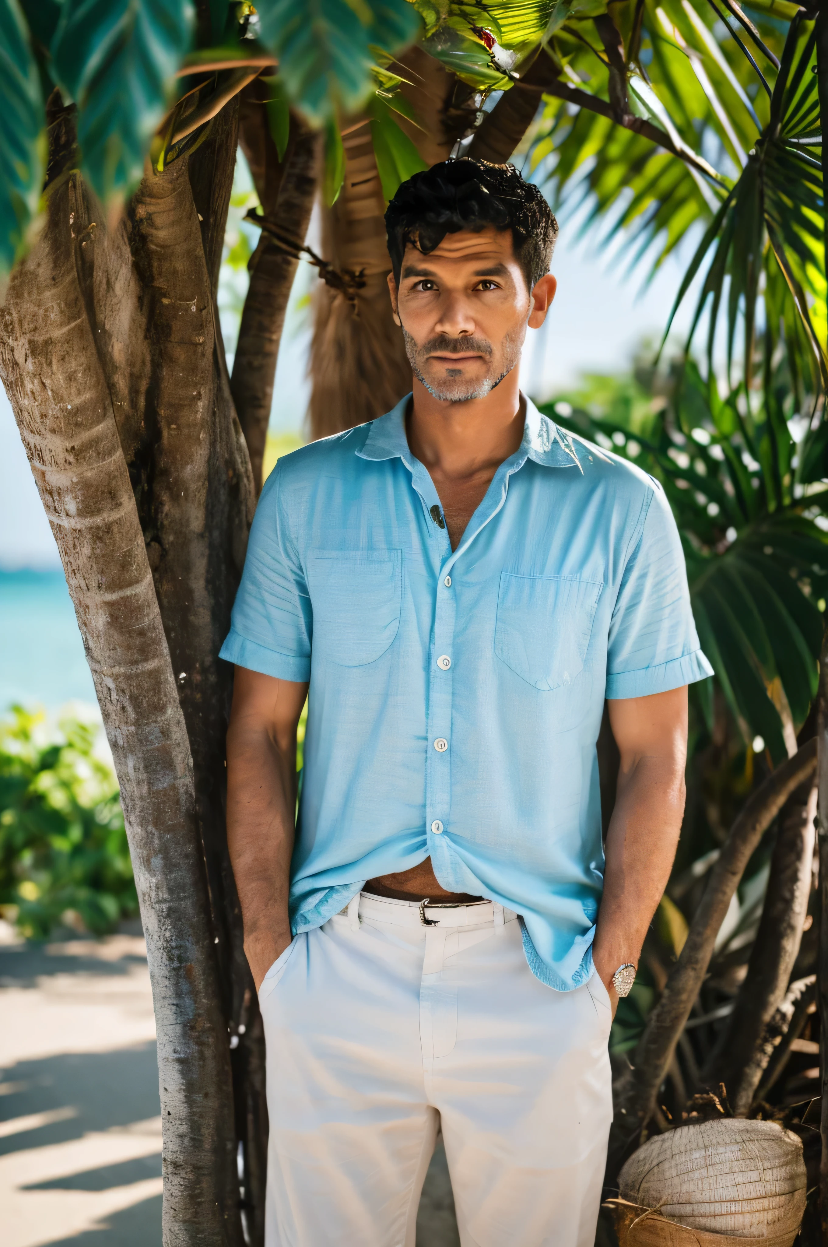 A European and American man wearing a short-sleeved shirt，Standing under the coconut tree with hands in pockets，8K，Hyperrealism，Retina，protrait photo