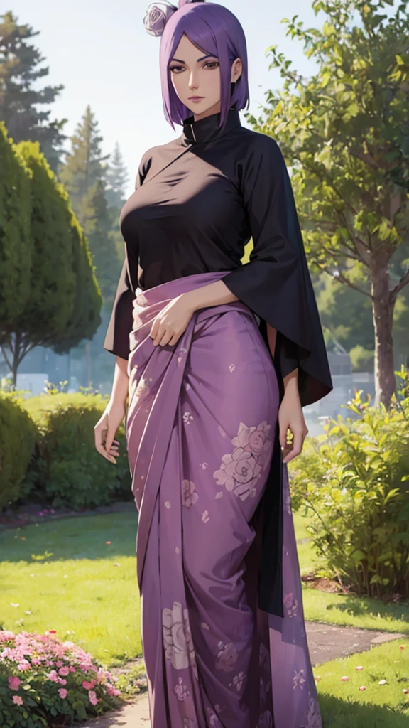 close up to the model, upper body, masterpiece, absurdres, konan\(naruto\), 1girl, solo,mature female, wearing indian saree, saree has black blouse,akatsuki pattern black saree, dupatta and pallu, looking at viewelling petals), perfect composition, detailed lips, big breast, beautiful face, body proportion, blush, (pink lips), purple hair, brown-eyed, soft gaze, super realistic, detailed, photoshoot, realistic face and body, standing in the middle of a flower garden