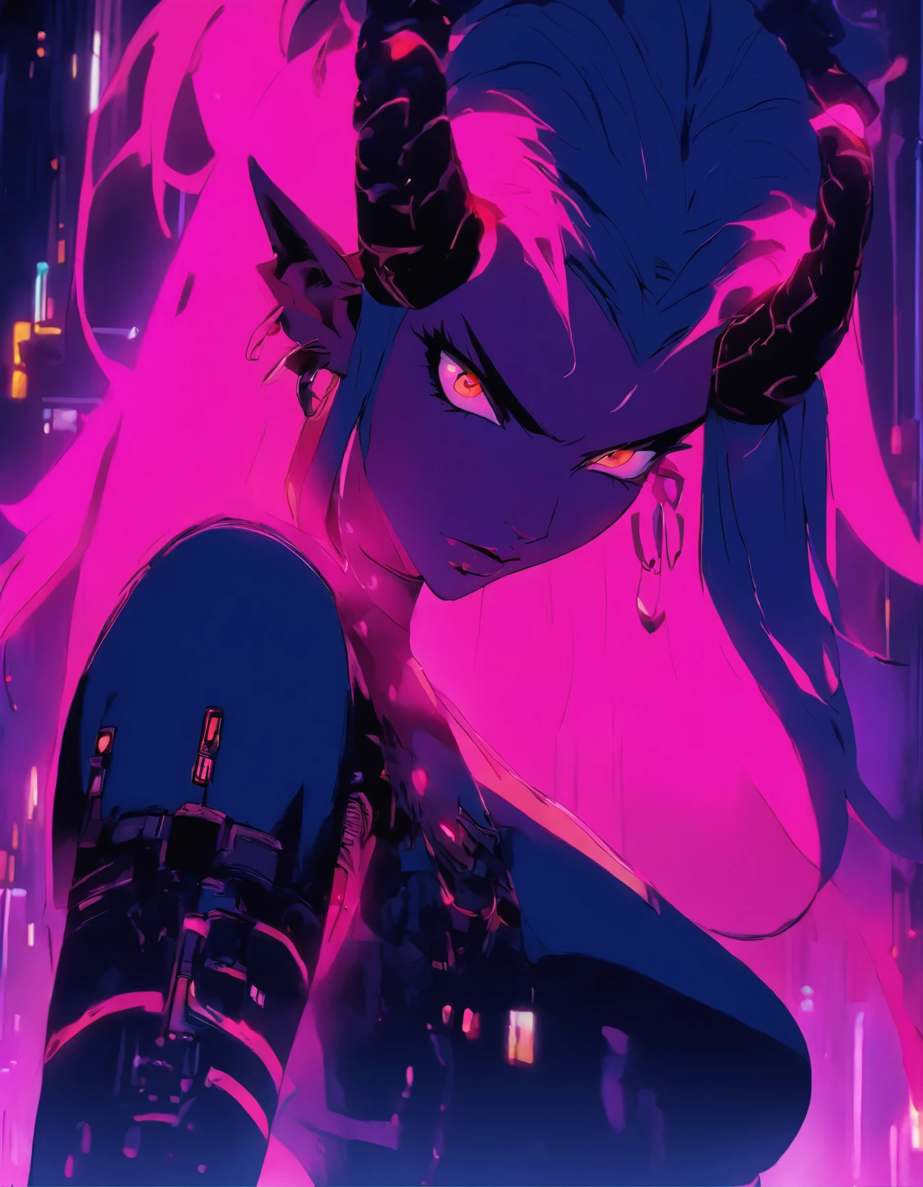 a woman with long hair and a pink light in her hand, cyberpunk art by Kieran Yanner, Artstation, conceptual art, tiefling, demon girl, beautiful succubus, nocturne from league of legends, demon woman, tiefling from d & d, portrait of a female demon, demonic creature, widowmaker's former lover, dark demonic dancer