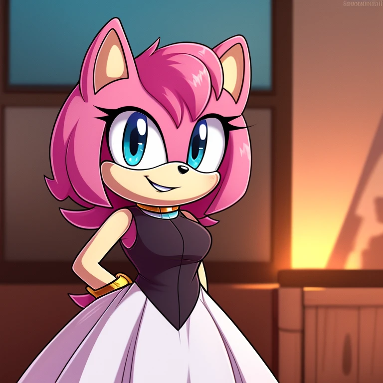 mom tenrec mobian, female mobian, mom dress, royal pink hair, bob cut hair, royal pink fur, (mom body), royal blue eyes, mom, cute smile, outline, Intricate Details, Masterpiece, Best Quality, High Quality, Studio Quality, Best Detail, Perfect Detail, Refine Detail.