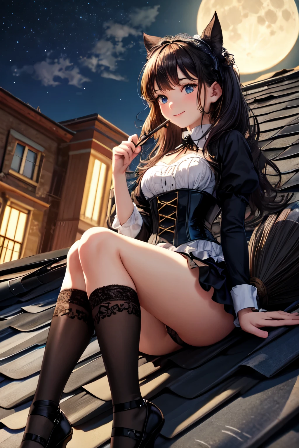 ((highest quality)), ((masterpiece)), (detailed), Perfect Face,Gothic style,Midnight,A light smile,beautiful girl,crinoline,Lace socks,velvet,corset,Panty shot,Put your hands between your legs,Oily skin,Holding a broom,((Sitting on the roof)),There is one black cat,moon,fly,From below,Incitement,Looking away,City
