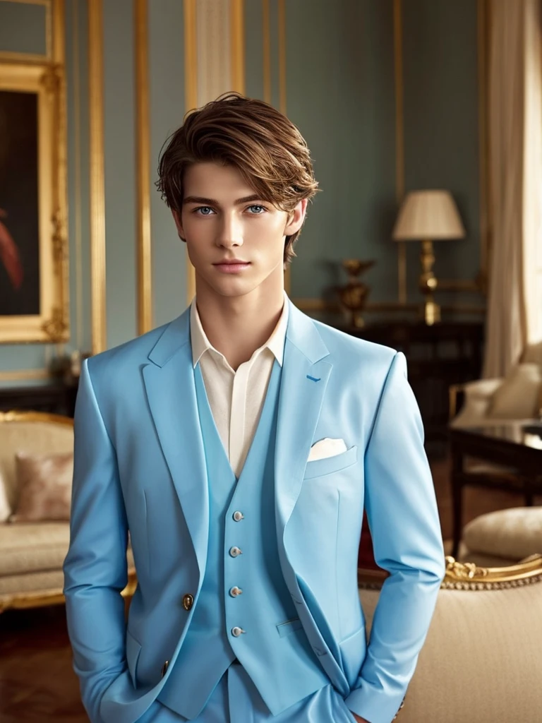 A boy of 10 years slender short blonde hair blue eyes white skin fine features boy handsome masculine fine European features fine clothing elegant well dressed formal living room luxurious classic elegant