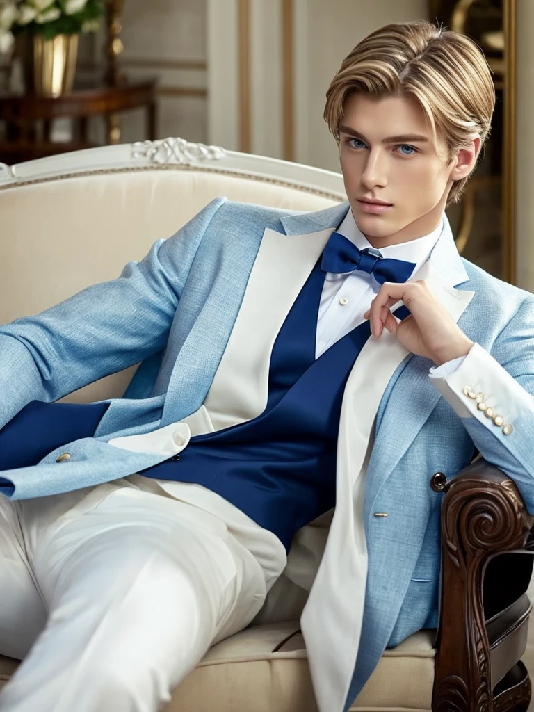 A boy of 10 years slender short blonde hair blue eyes white skin fine features handsome boy masculine fine European features fine clothes elegant well dressed living room luxurious classic elegant