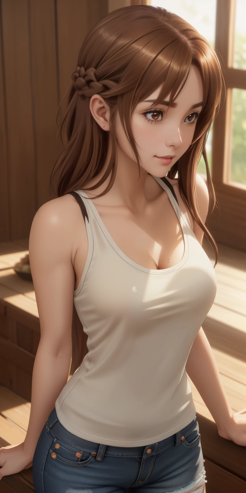 black yoga pants legging closeup ,Yuuki Asuna, Brown hair, Brown eyes, medium breasts, Long hair, masterpiece, best quality, high resolution)))), Extremely detailed 8K, Beautiful girl with slender body, (Ultra HD, Ultra-detailed, Highly detailed, Highly realistic, Ultra-realistic, photograph realistic), (1girl:1.5), (Realistic Brown hair), short wavy hair, bob cut, (dynamic poses), facing at camera, light smile, Brown eyes, average breasts, (beautiful detailed face, beautiful detailed eyes), (white tank top, thin material), cleavage, dark jean shorts, glow, sweat, (sunbeam, sunlight)