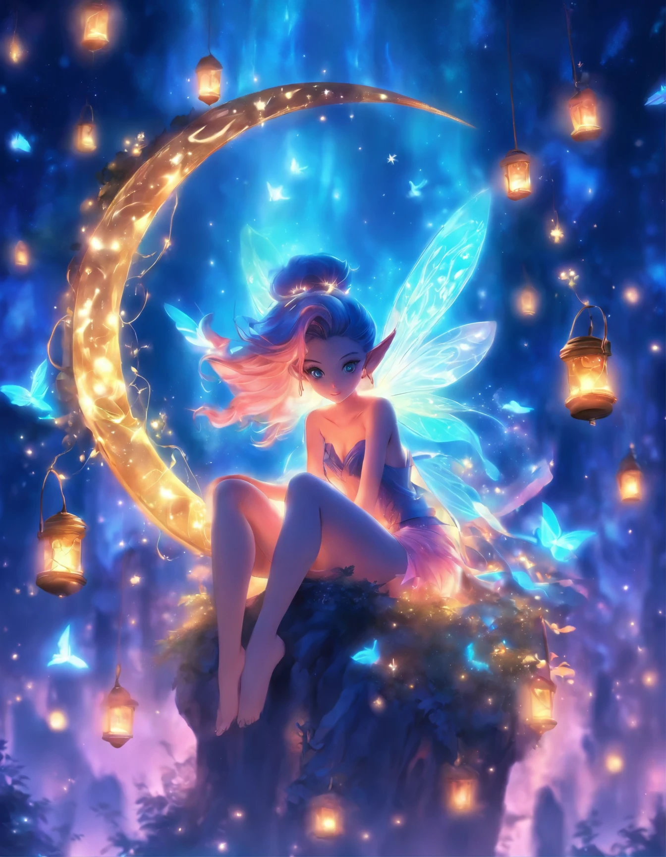 there is a fairy sitting on a crescent with a lantern, digital art by Alison Kinnaird, trending on deviantart, fantasy art, the moonlit dance of the fae, a beautiful pole dancing fairie, fairy cgsociety, beautiful fairie, faerie, beautiful faery sorceress, fantasy gorgeous lighting, beautiful fantasy art, very beautiful fantasy art