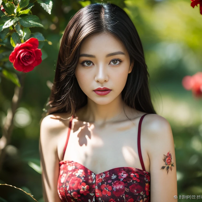 ((best quality, 8k, Masterpiece :1.3)), Clear face focus :,Dark color, cropped waist jeans jacket.,) Dark pink, dark red, dark blue, tight, colorful colors.,) Korean style, girl style. Long hair blows up with the force of the wind.,) White tattoo 25 years. perfect body beauty:1.4. In front of the camera. More intimate. clearer than this, There is an old, thatched hut.,) There are red flowers around.,) The sunlight shines in the evening.,) Full Body°, Highly detailed faces and textures, Detailed eyes, alone, Realistic photos:1.37 .. The fine texture of the tattooed skin.. hand tattoo. breasts tattoo , Shot with a high quality Fuji camera., Color light 45.,000,000 pixels ,)) Too realistic,)
