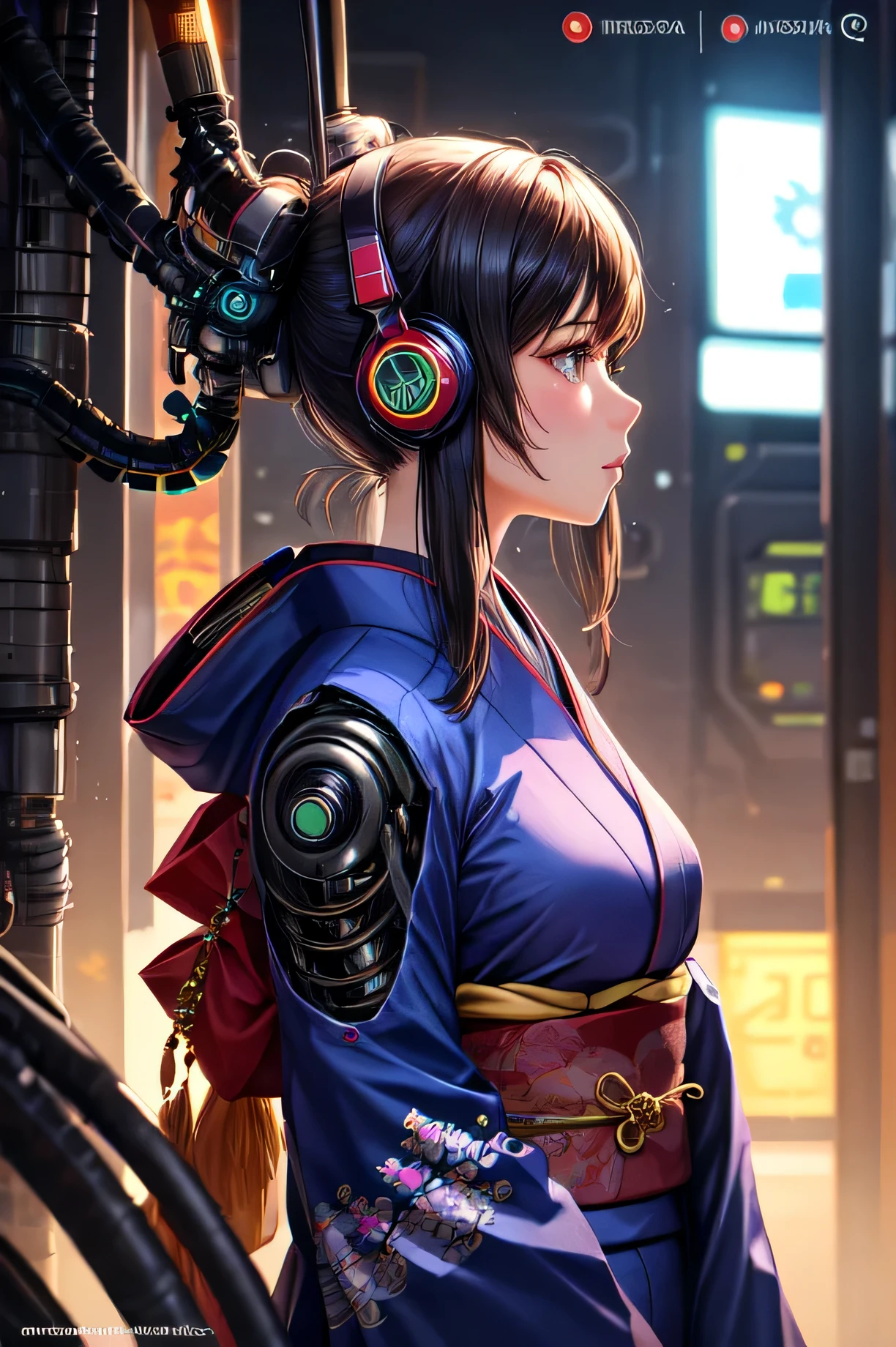 (detailed), Perfect profile,Beautiful girl in kimono,cyber punk,Mechanical life forms