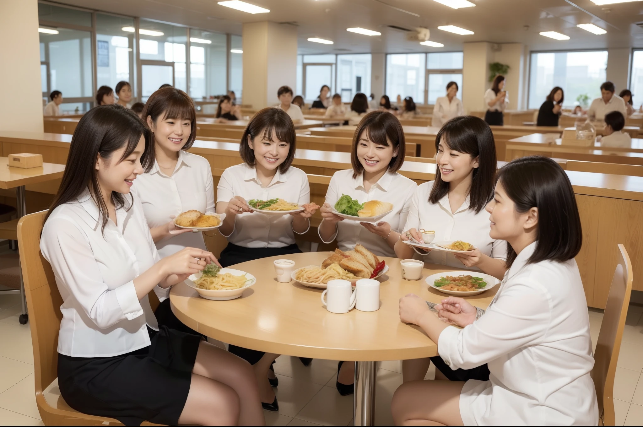 ((highest quality, 8k, Representative works in detail, Ultra-high resolution)), (Group photo of women), (Looking at the audience), (Mid Shot:), Five attractive businesswomen、women only、 A little chubby:0.25, White collared shirt, Grey Skirt, mini skirt、私nside a high-rise office,wide、Sit down and eat、company cafeteria、Friendly office lady;eat lunch、Happy expression、color々food、Daily set meal、Ramen、Udon、Omelette rice、sandwich、curry、Pork cutlet on rice、coffee、Facing table、四人掛けのテーブルにSit down and eat、