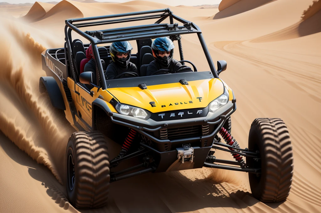 a close up of a person driving a black utv in the desert, buggy, dune, mixed art, tesla dune buggy, photos, sand, dynamic angled shot, high speed action, off - road, intense look, video, vehicle, dynamic action shot, off-roading, action shot,