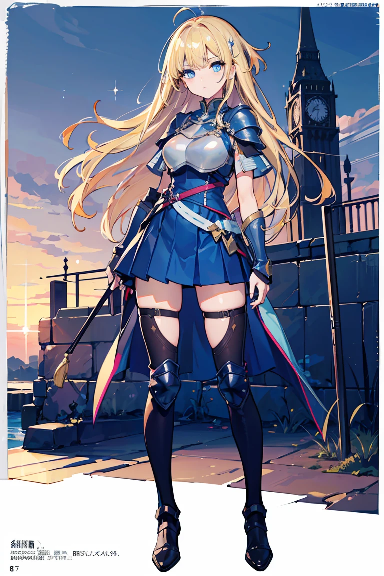 ((1 girl)), highest qualityの表情, Cool woman,Rough poses, full body armor, Large metal armor, middle ages, Also々new, victory, grassland, Cowboy Shot,((Very detailed,highest quality, High resolution, 8k wallpaper, 美new服,)),((blonde, Long Hair,Messy Hair)), Blowing in the Wind, eye shadow, eyeliner,Glow Eye, 反射光の美new目, ((Sparkling blue eyes)), 18-year-old girl