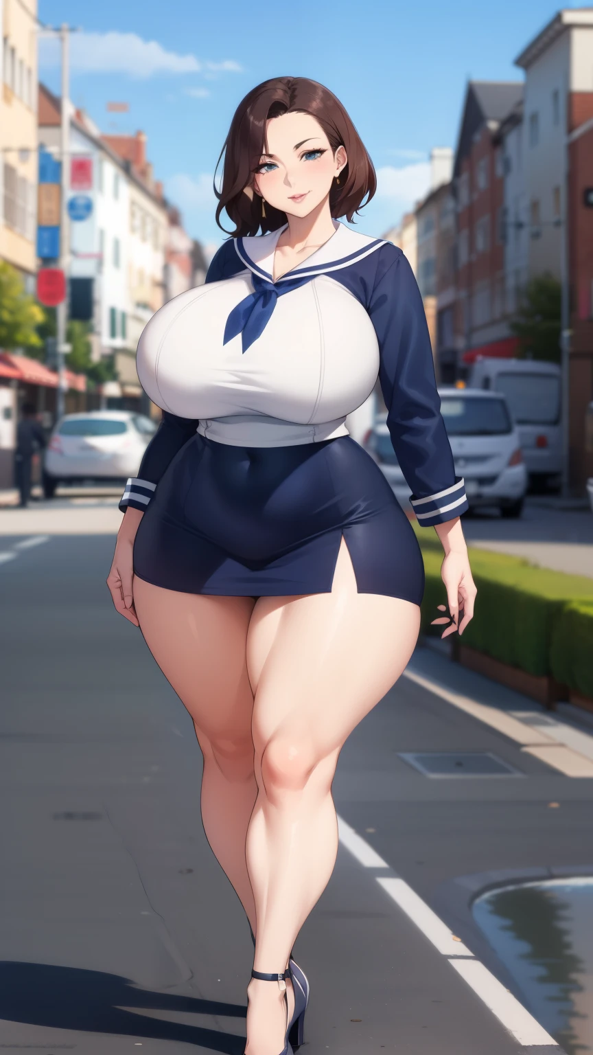 Big Breasts, Big Hips, Full Body Shot, Mature mother, Voluptuous thighs, A cow, Seductive mature woman, Perfect body, Plus Size Model, Sailor suit, Wearing high heels,Miniskirt Uniform, 