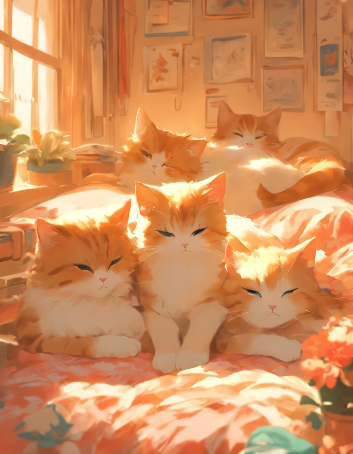 there are two cats laying on a bed together in the room, a detailed painting by Yang J, pixiv, furry art, realistic anime cat, anime visual of a cute cat, anime cat, cute detailed digital art, beautiful illustration, cute detailed artwork, trending on artstation pixiv, kawaii cat, digital art on pixiv