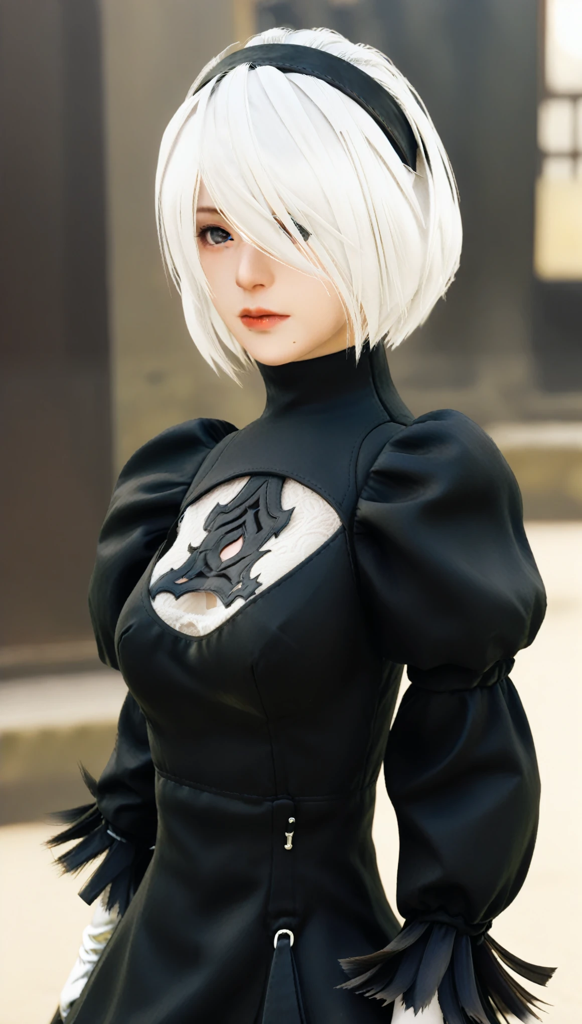 (Blindfolded) Nier&#39;s 2B: Automata, With the highest quality and high resolution (8k), Create a masterpiece, Real Photos, Real CG, Selfie, Full body portrait, Selfies in British cities