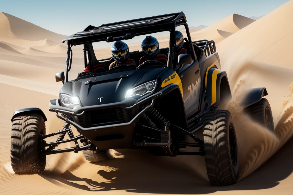 a close up of a person driving a black utv in the desert, buggy, dune, mixed art, tesla dune buggy, photos, sand, dynamic angled shot, high speed action, off - road, intense look, video, vehicle, dynamic action shot, off-roading, action shot,