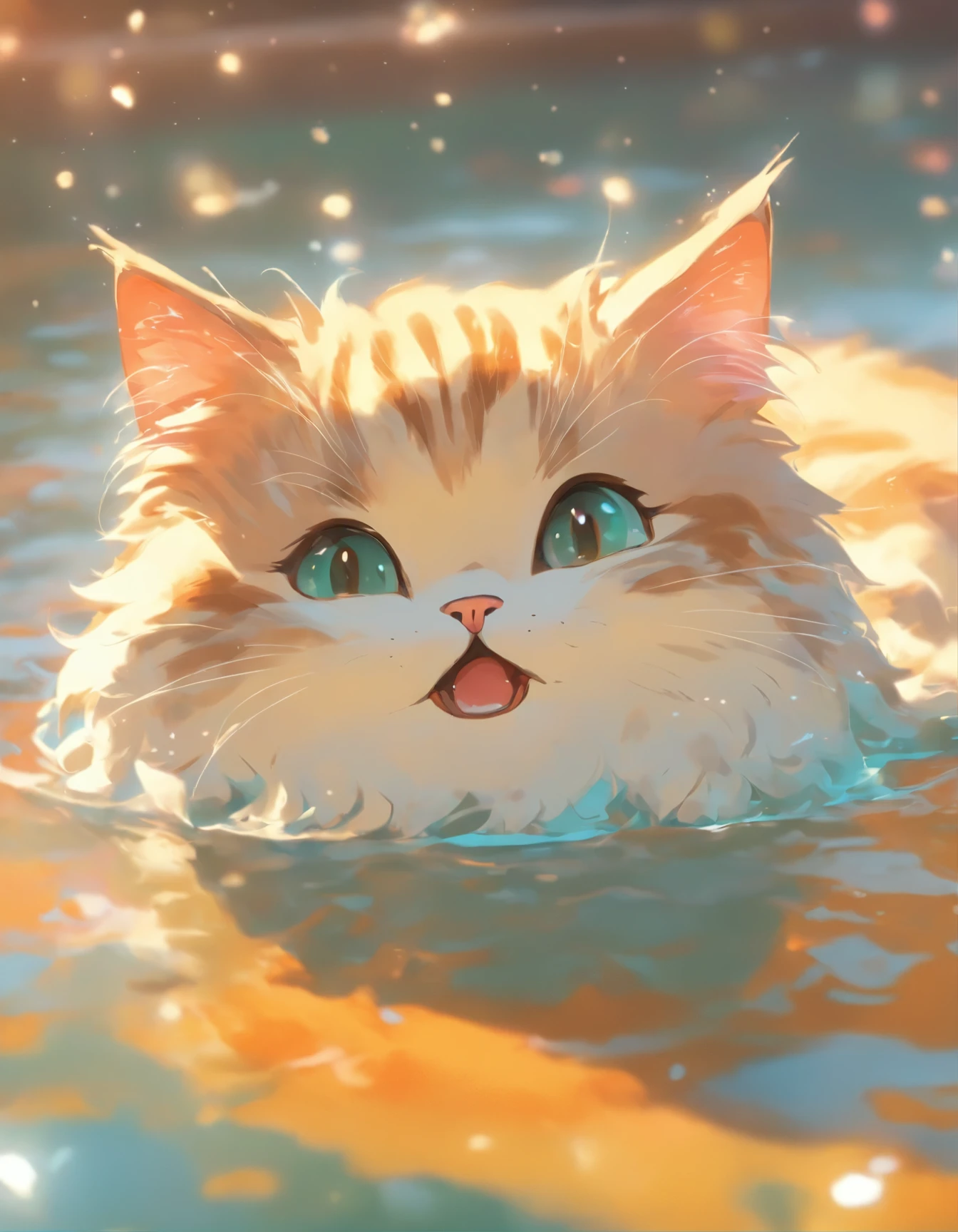 a close up of a cat in a pool of water, cat. digital painting, liquid cat, adorable digital painting, cute detailed digital art, cute detailed artwork, in style of digital illustration, cat design, cat detailed, by Brian Thomas, by Simon Ushakov, by jake parker, cute digital art, by Maurice Esteve, anime cat, !!! cat!!!