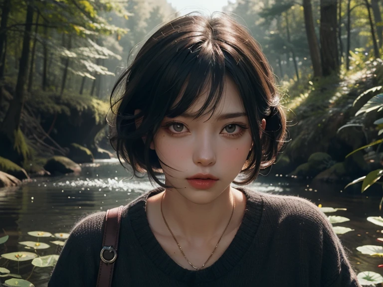 Beauty girl in the forest, black short hair, dark fantasy, red eye, 4k, anime realistic, portrait, devil, flower, colorfull, reflection sun 