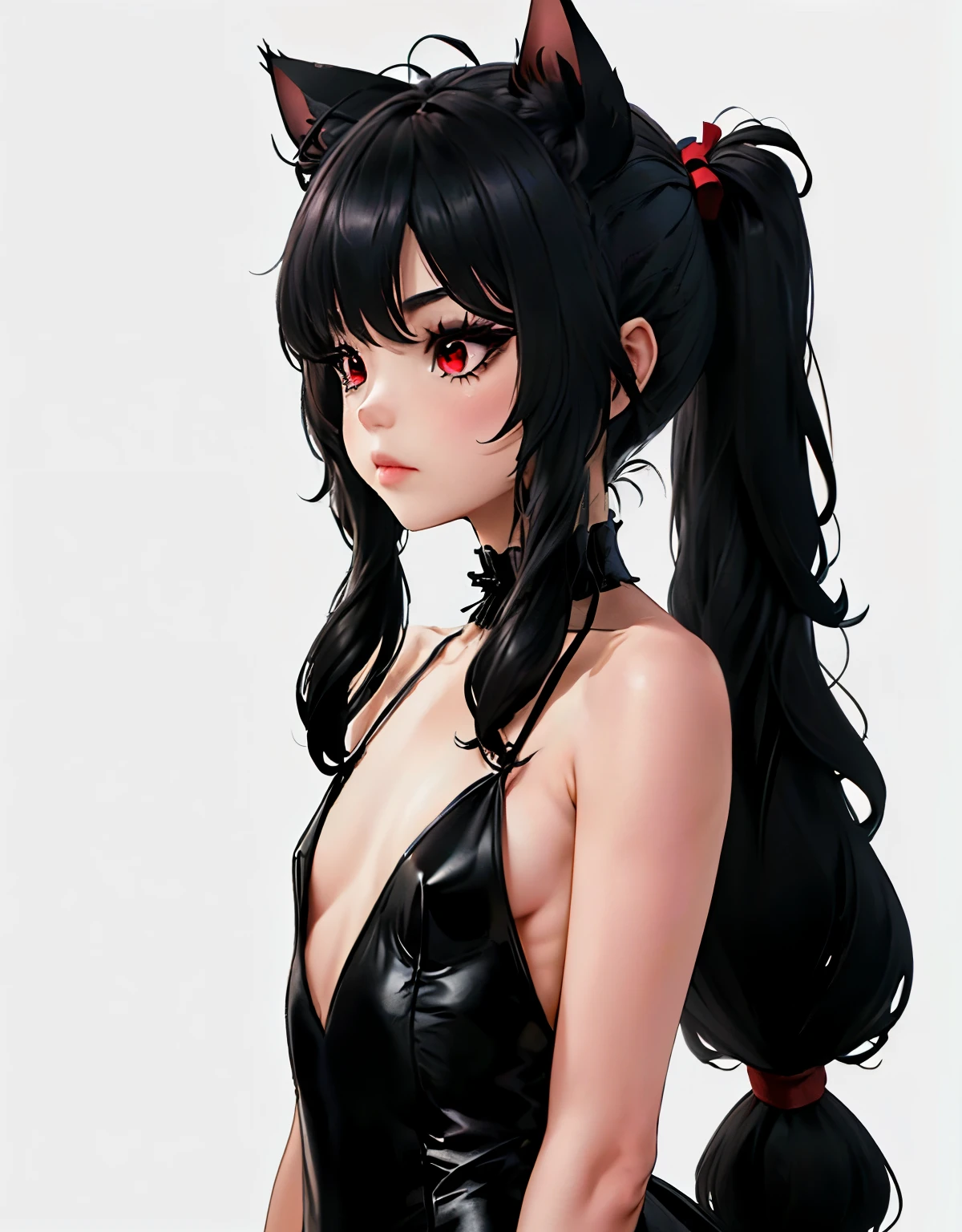 1 chica, solo, ,((long hair slightly wavy slightly past the shoulders, black bangs, small black pigtails on the sides, cute cat ears, beautiful thin red eyes,)),, Pupilas en forma de X, Arle Blanco_traje, parte superior del cuerpo, cara enfocada