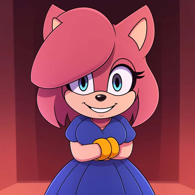 mom tenrec mobian, female mobian, mom dress, royal pink hair, bob cut hair, royal pink fur, (mom body), royal blue eyes, mom, cute smile, outline, Intricate Details, Masterpiece, Best Quality, High Quality, Studio Quality, Best Detail, Perfect Detail, Refine Detail.