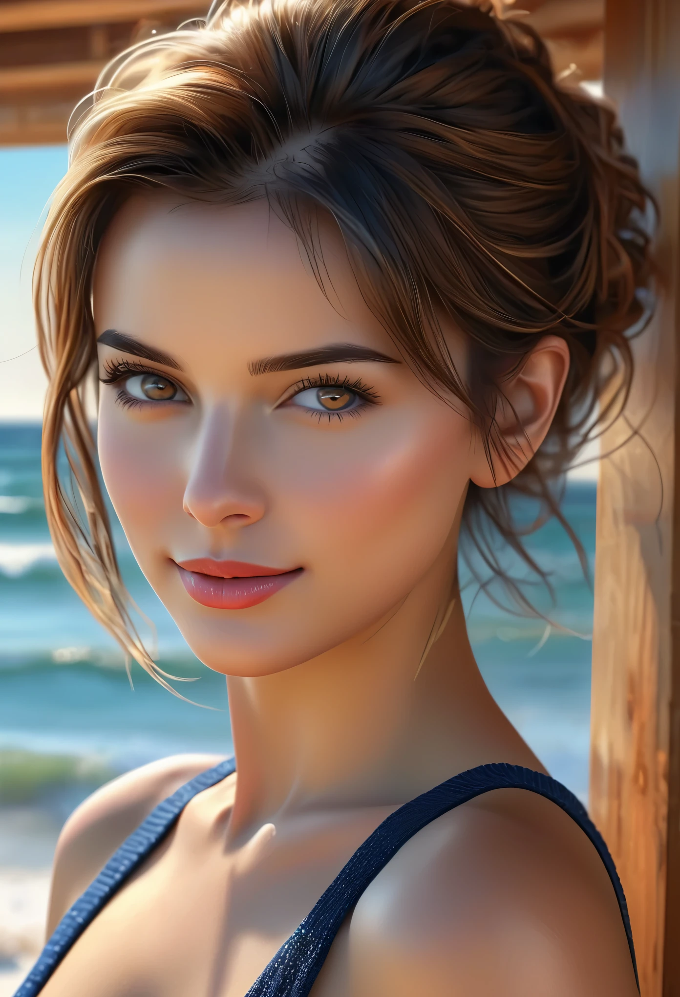 (Best Quality, 4K, 8K, High Resolution, Masterpiece: 1.2), (Super Detailed, Realistic, Photorealistic:1.37)A captivating young girl, donning a striking ensemble of red and blue, stands before a window with an air of toughness and determination. Her enchanting eyes are exquisitely detailed, capturing every glimmer and depth, while her lips boast a meticulous beauty that is both captivating and alluring. The level of detail extends to her entire face, each contour and feature meticulously rendered to perfection, creating a sense of hyper-realism that draws the viewer in. 

The girl's attire, reminiscent of oil painting art, is a work of art in itself. The fabric, skillfully crafted to resemble vibrant brushstrokes, adds a touch of dynamism to her overall appearance. It is a true reflection of the artist's talent, showcasing a mastery, (NSFW:1.5), Chignon hairstyle, beautiful nipples, 1 beautiful woman, photorealistic, ultra detailed, high resolution, 8K wallpaper, light brown hair, South Sea beach, sexy and bold swimsuit, cute big ass, sharp focus, perfect dynamic composition, realistic and finely drawn beautiful eyes, finely drawn hair, fine and realistic skin texture, smiling, close-up portrait, model body shape, (Representative Works: 1.3), (8k, photorealistic, raw photos, Highest image quality: 1.4), (30 years old mature woman),small face, beautiful face, (realistic face),no makeup、natural makeup、light makeup、 (Dark brown, short hair: 1.3), beautiful hairstyle, realistic eyes, beautiful detailed eyes, (Photorealistic skin), beautiful skin, (sweater),、Bust B Cup、 disorganized, Charm, 超High definition, Super realistic, High definition, golden ratio, FF Tifa、,sunny day beach background,