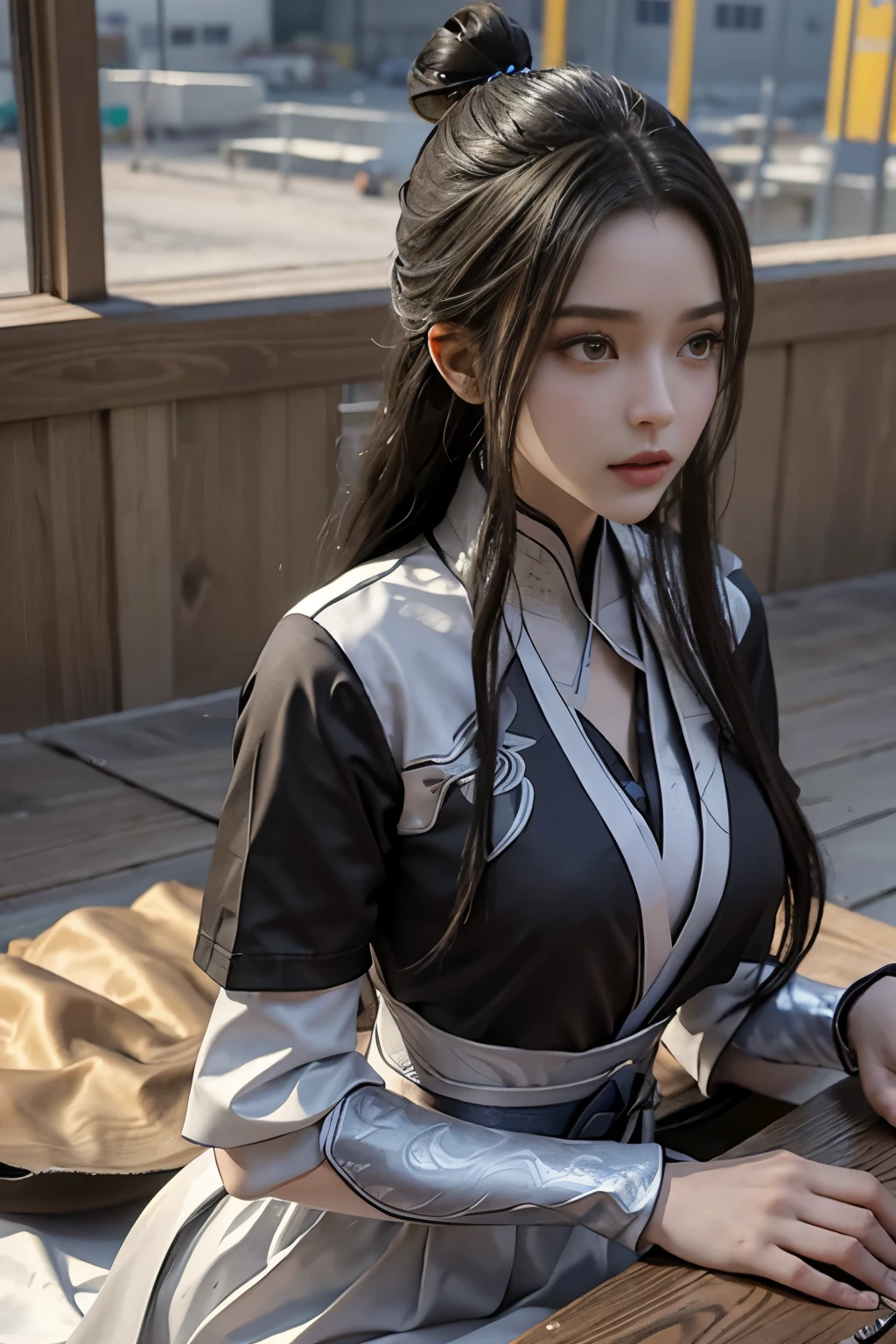 穿着白色Bra和紧身牛仔裙摆姿势拍照的女孩,Chinese Wedding Dress,Hair ornaments,Hair Bun，Pendant necklace,Jewish,Beautiful face,black hair，Very long hair，Black eyes，Brow pattern、Beautiful Body,Full figure,Wearing a cut-off T-shirt、Bra、fit、Large breasts、fit的女孩模特、24-year-old female model,Lying on a construction site,A group of black men watching。