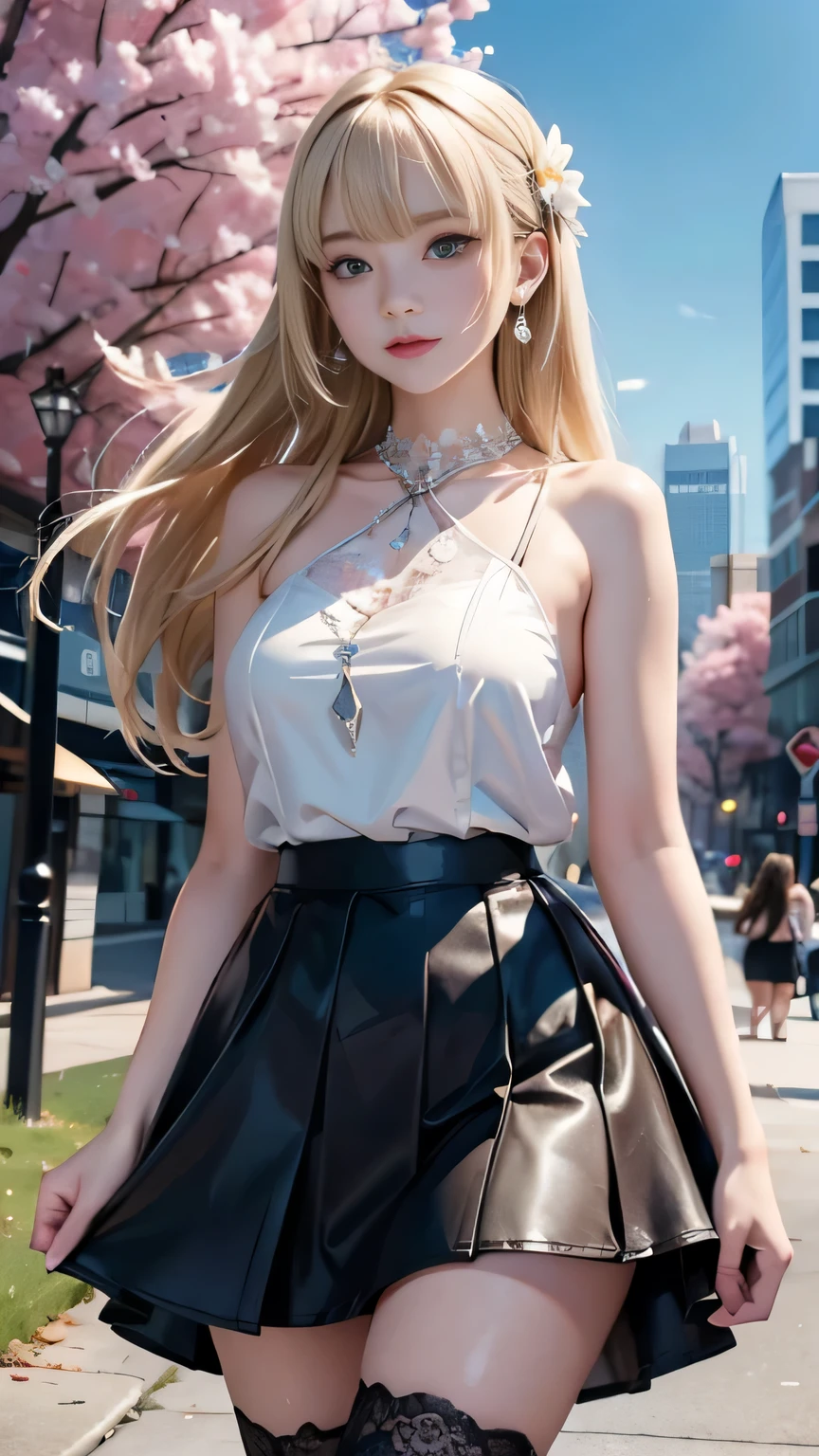 (Vulgar,nsfw),(skirt lift,very windy),low angle,from below,((masterpiece, highest resolution,best quality)), (beautiful illustration), ((1girl,cute,young,semi long beautiful siver blonde hair,blunt bangs,beautiful eyes)),(solo),(beautiful elegant office blouse and black skirt),(walking around the flower park),
innocent smile, white over-kneehighs,Lace chalker, wristband, fingerless gloves, over-kneehighs,
Lace chalker, diamond necklace,wristband, fingerless gloves, earrings, cinematic lighting, windy,flower park,big city,busy street,day,blue sky,flowers and trees,crowded,