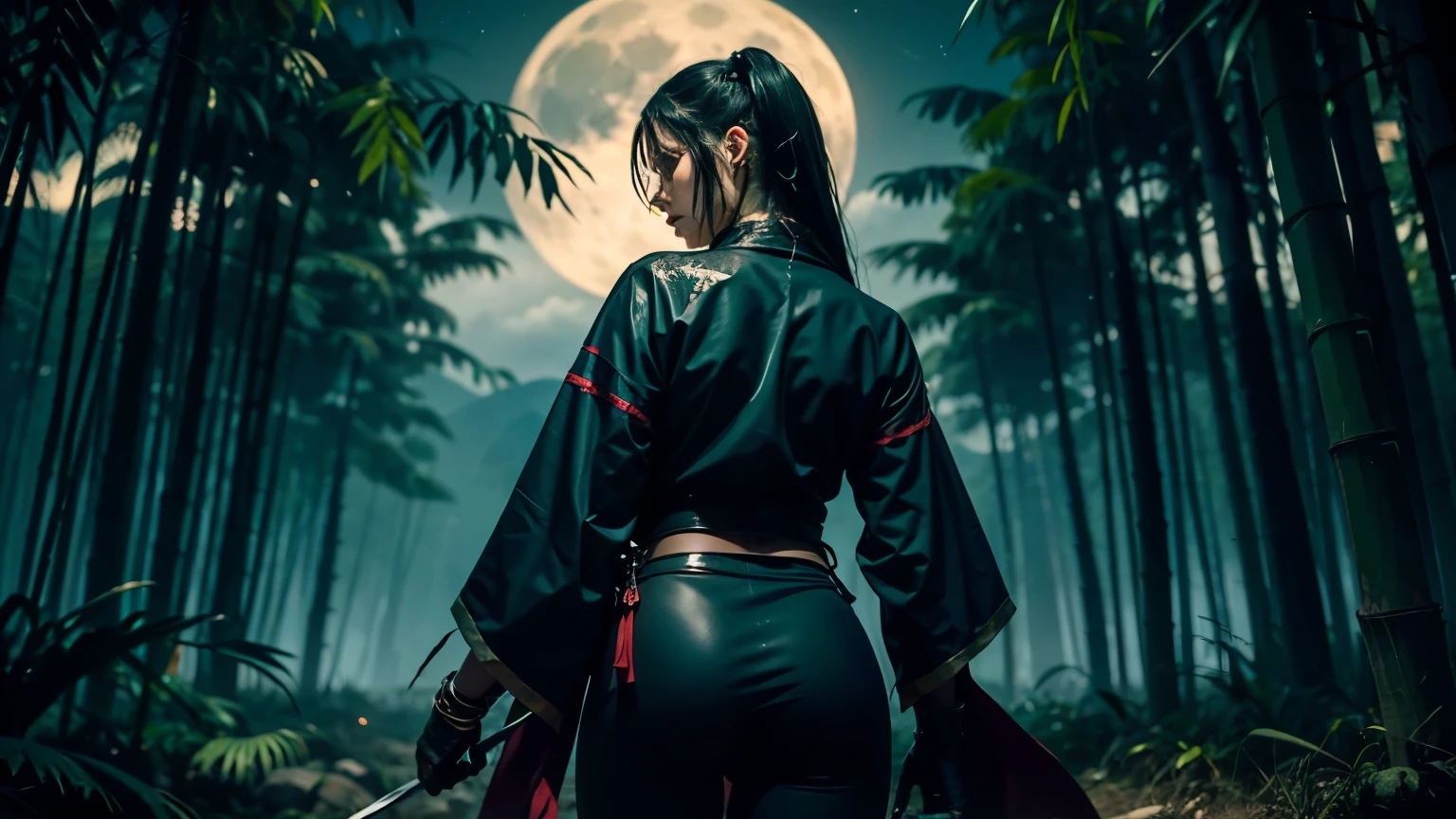 Imagine a woman with long black hair in a single strand, seen from behind in a dense bamboo forest under a full moon, a ninja in a black-red ninja suit. She is wounded in battle, her clothes torn and stained, alluding to the recent conflict. She holds a kunai tightly in her hand, ready for any threat that might emerge from the shadows. Moonlight casts a silvery glow through the bamboo, creating dramatic highlights and deep shadows on her and the surrounding foliage. The scene was shot with a full-frame mirrorless camera with a 135mm focal length, which lends intense realism to her posture, the textures of her costume, and the depiction of her natural surroundings, while emphasizing the dark, moody atmosphere. The overall image is dark and suspenseful, perfectly capturing the essence of the solitary ninja, alert and ready in the silence of the night.