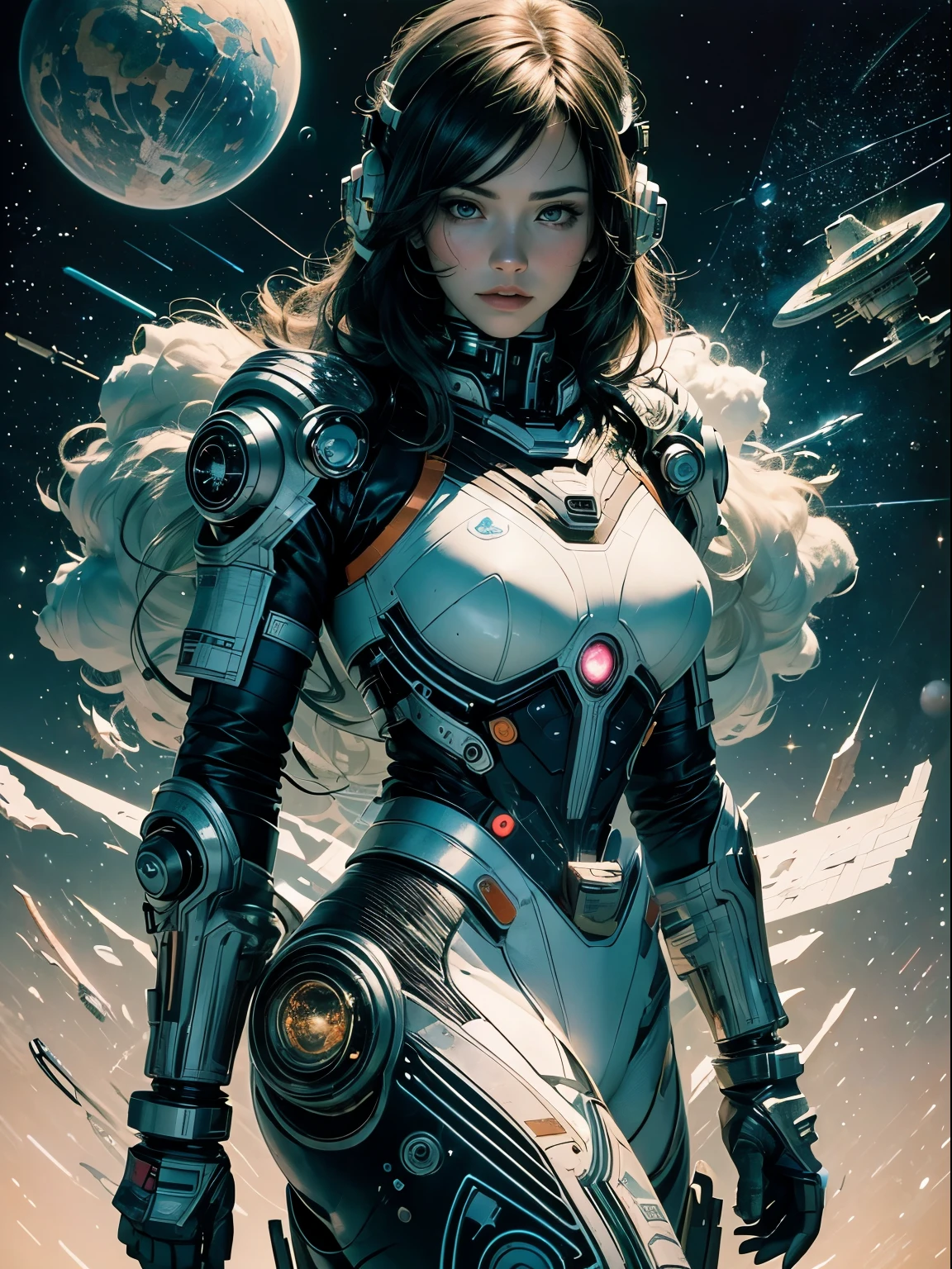 master-piece,Alison Tyler in white tech suit clothes,White long hair,laces,Abstract retro sci-fi background,art of moebius,Ashley Wood's art,dynamicpose,Wandering Earth,Space Starry Sky