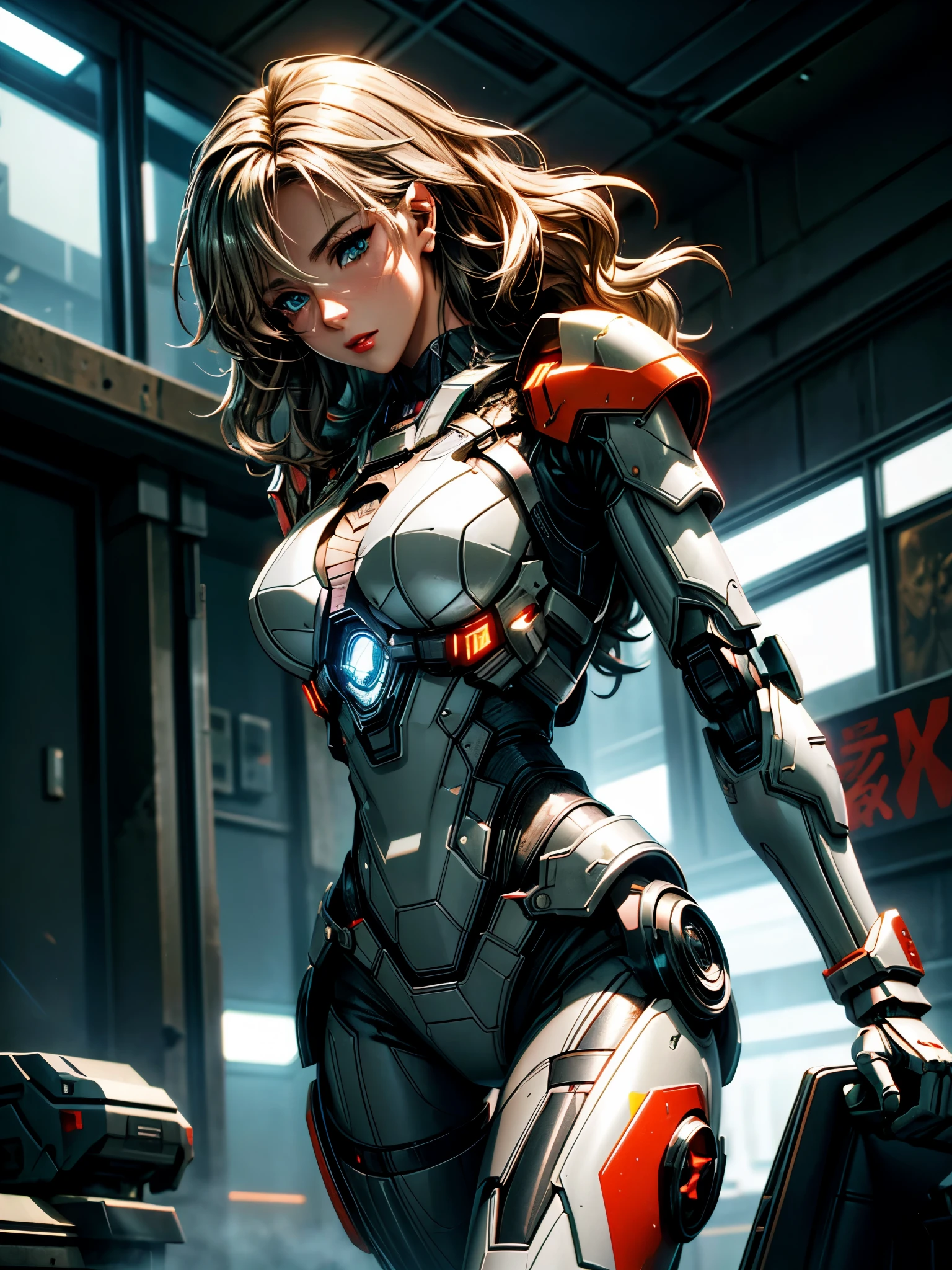 Medium shot, (Sexy female robot in futuristic armor with scratches and rust), (In a destroyed futuristic city), fantasy, Science Fiction, Beautiful female face, Tempting, sex, mist, Vivid and charming eyes, dramatic, Best quality masterpiece, Reality, detailed, HDR, Shallow and deep, Movie Lighting, Shining, Clear focus, Bloom, Chromatic Aberration, Futurism, Verism, anime style, sparkle, glowing light, ray tracing, reflection light, drop shadow, chromatic aberration abuse, cinematic lighting, 8k, super detail, UHD, retina, masterpiece, award winning, ccurate