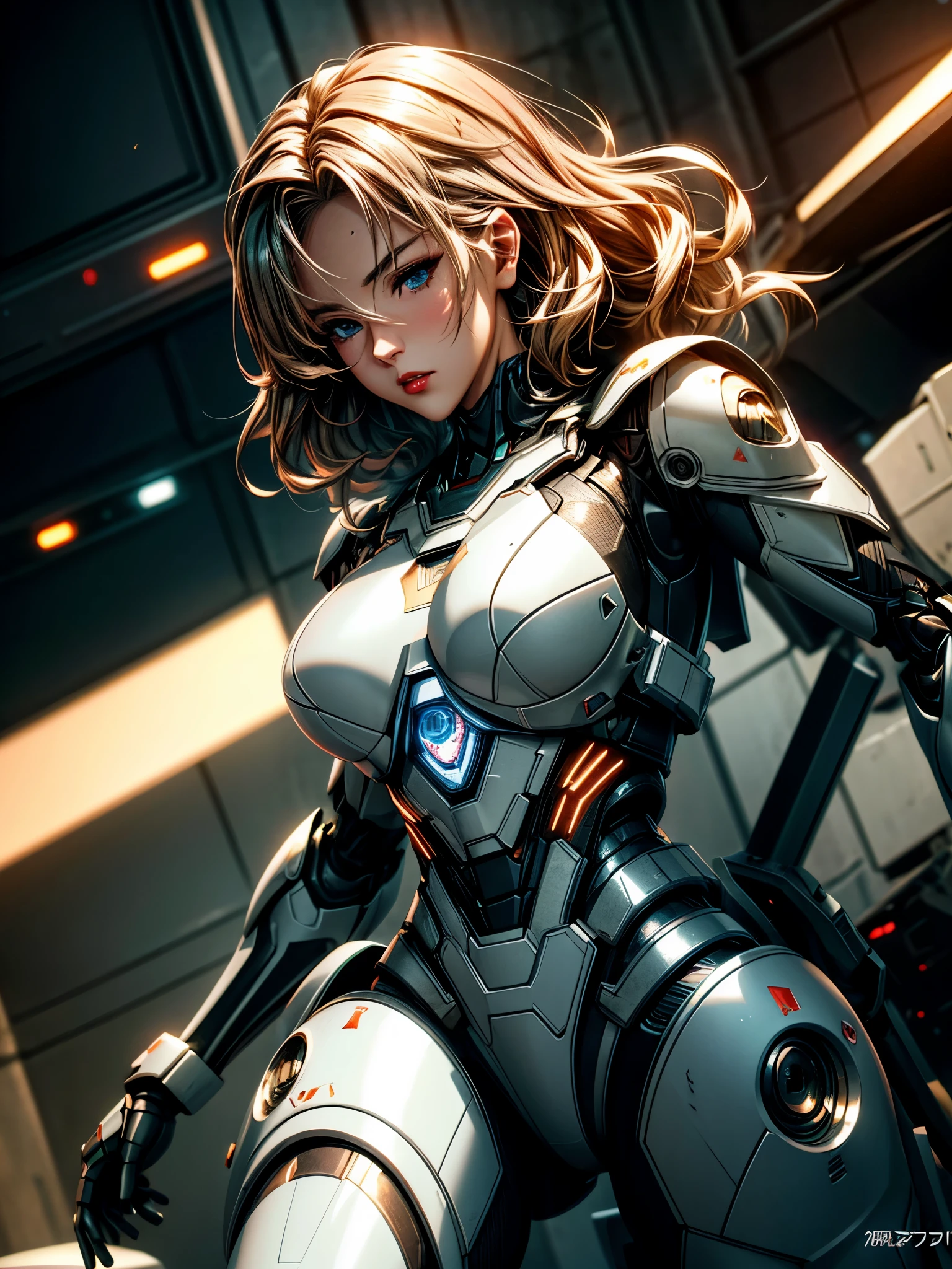 Medium shot, (Sexy female robot in futuristic armor with scratches and rust), (In a destroyed futuristic city), fantasy, Science Fiction, Beautiful female face, Tempting, sex, mist, Vivid and charming eyes, dramatic, Best quality masterpiece, Reality, detailed, HDR, Shallow and deep, Movie Lighting, Shining, Clear focus, Bloom, Chromatic Aberration, Futurism, Verism, anime style, sparkle, glowing light, ray tracing, reflection light, drop shadow, chromatic aberration abuse, cinematic lighting, 8k, super detail, UHD, retina, masterpiece, award winning, ccurate