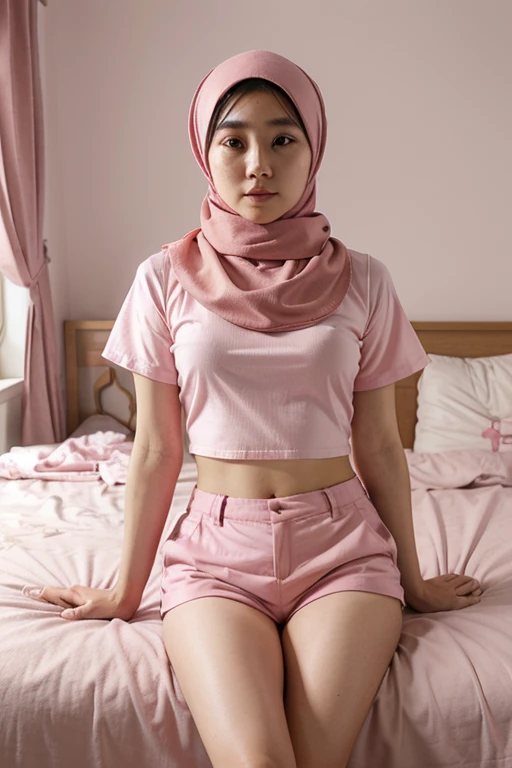 Korean girl pink hijab,On the bed,pink short pants