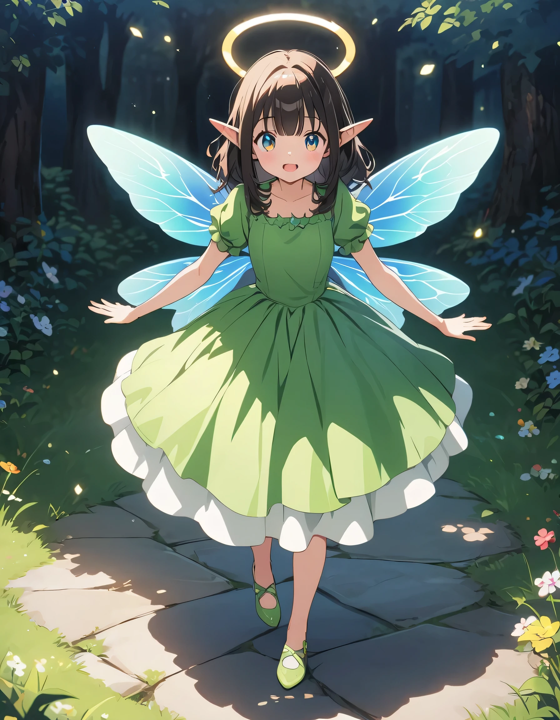 Anime girl in green and black costume on wings and green background, pixie character, fairy, forest fairy, insect trainer girl, brunette elf with fairy wings, pixie, cute 3d anime girl rendering, April rendering, fairy dance, open legs  、(highest quality、masterpiece、High resolution、detailed)、anime style、Flat Style、(Shining Eyes、Beautiful Face),  BREAK,extremely detailed(The Shining), Best lighting, Best Shadow、High saturation、anime