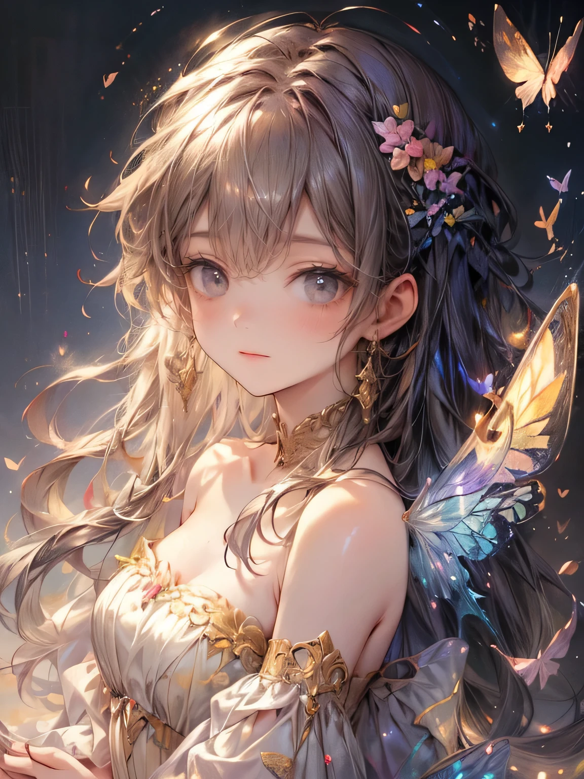 view from  above, masterpiece, highest quality, 8k, highres, beautiful highest details, flower garden, soft sunlight, butterfly spirit girl, yellow dress, bare shoulder, strapless, tears, rainbow butterfly wings:1.2, flying sky:1.2, view from below, delicate eyes, sparkling eyes, bright rosy lips, gentle smile, look up at sky, 