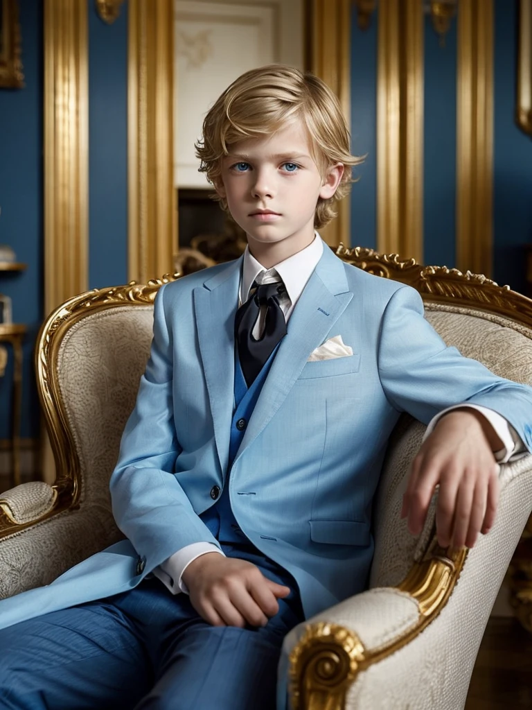 A 10-year-old boy, short blonde hair, blue eyes, sad and serious look, white skin, fine features, handsome boy, masculine, fine European features, fine clothes, elegant, well-dressed, formal, living room, luxurious, classic, elegant, dark