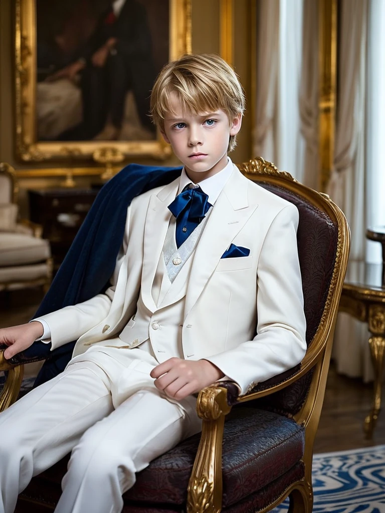A -yeld boshort blonde hair, blue eyes, sad and serious look, white skin, fine features, handsome boy, masculine, fine European features, fine clothes, elegant, well-dressed, formal, living room, luxurious, classic, elegant, dark