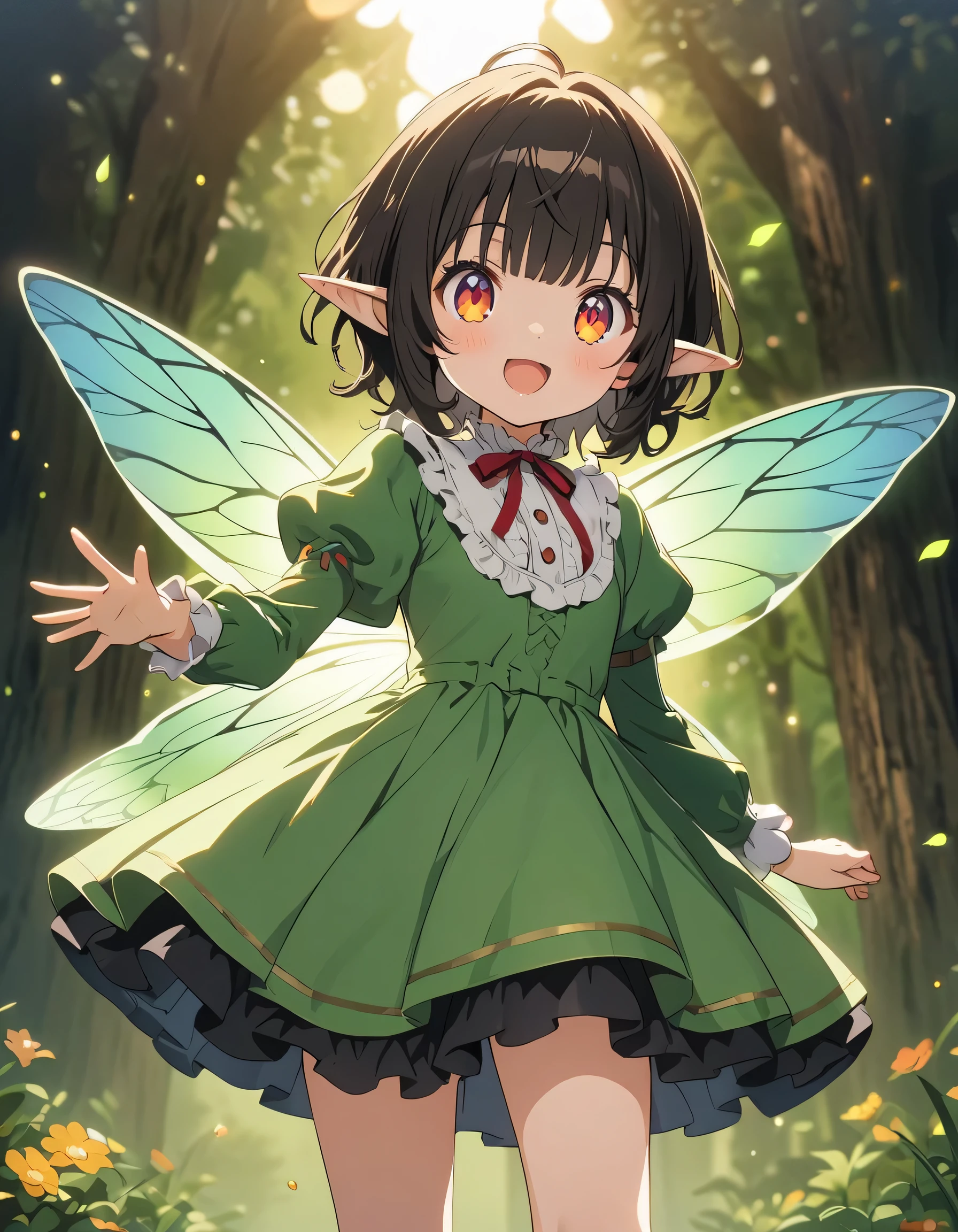 Anime girl in green and black costume on wings and green background, pixie character, fairy, forest fairy, insect trainer girl, brunette elf with fairy wings, pixie, cute 3d anime girl rendering, April rendering, fairy dance, open legs 、(highest quality、masterpiece、High resolution、detailed)、anime style、Flat Style、(Shining Eyes、Beautiful Face), BREAK,extremely detailed(The Shining), Best lighting, Best Shadow、High saturation、anime