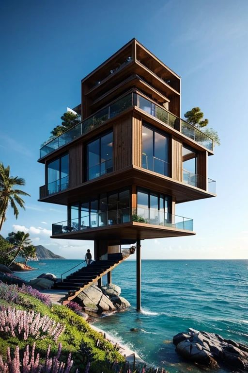 Perfection The Coolest tree house on a large rock in the middle of the sea with flowers in front of the house and trees on both sides of the house