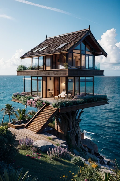 Perfection The Coolest tree house on a large rock in the middle of the sea with flowers in front of the house and trees on both sides of the house