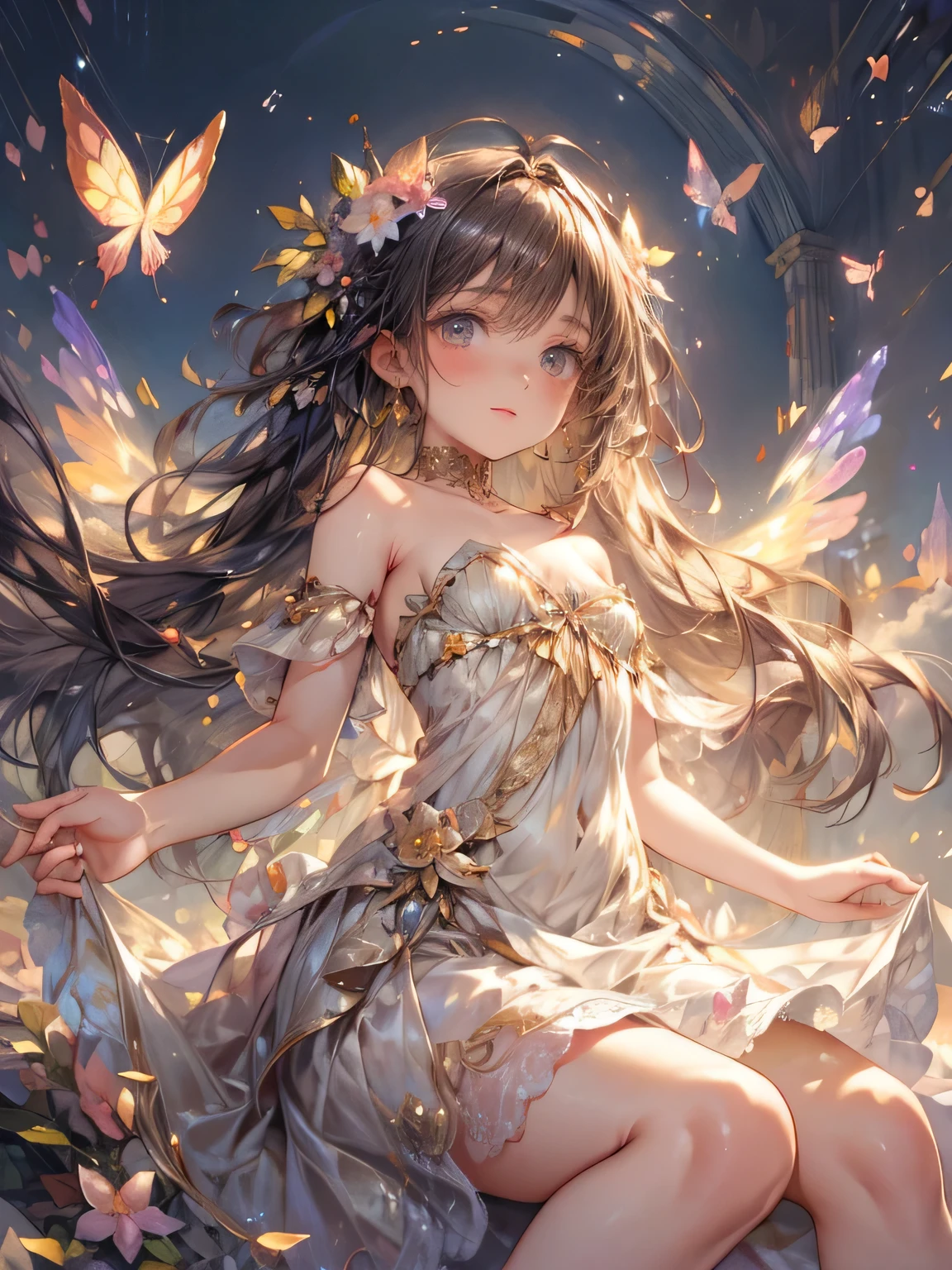 masterpiece, highest quality, 8k, highres, beautiful highest details, soft sunlight, butterfly spirit girl, in flower garden, yellow dress, bare shoulder, strapless, tears, rainbow butterfly wings:1.2, flying sky:1.2, view from below, delicate eyes, sparkling eyes, bright rosy lips, gentle smile, looking up at the sky, 