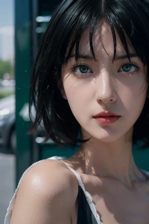Fubuki is staring at me, She is wearing a white bra and white panties、Short black hair、Green Eyes、Large breasts, about G cup size、Not an anime、It&#39;s not a manga.、Realistic woman close-up。