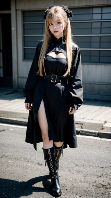 1 female Japanese gothic rocker, Asian eyes, Ultra detailed face and eyes, pretty face, Hyperrealistic, realistic representation,  40  years old,  wearing black rocker clothes, she wears boots, hairstyle: Visual Kei, blonde hair, black hair, full body 