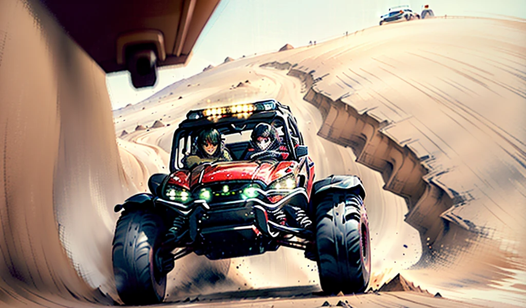 ((best quality)), ((masterpiece)), (detailed), a close up of a person driving a black utv in the desert, buggy, dune, mixed art, tesla dune buggy, photos, sand, dynamic angled shot, high speed action, off - road, intense look, video, vehicle, dynamic action shot, off-roading, action shot,