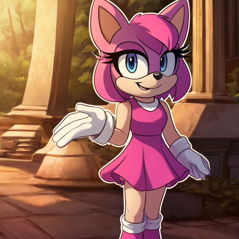 score_9, score_8_up, 2d, 1girl, blaze the cat, amber eyes, lavender fur, solo, jewelry, barefoot, gold bangle bracelt, breasts, cleavage, anklet, off shoulder, purple skirt, smile, hand on hip, pink hairband, long skirt, full body, white shirt, bare shoulders, makeup, puffy sleeves, medium breasts, green cincher corset, off-shoulder shirt, standing, bangle, puffy short sleeves, dancing, eyeshadow, dress, short sleeves, outline, toes, underbust, looking to the side, collarbone, town sqaure background, day, esmarelda cosplay,