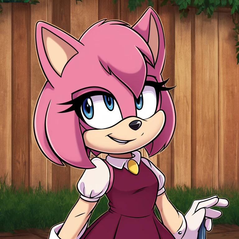 mom tenrec mobian, female mobian, mom dress, royal pink hair, bob cut hair, royal pink fur, (mom body), royal blue eyes, mom, cute smile, outline, Intricate Details, Masterpiece, Best Quality, High Quality, Studio Quality, Best Detail, Perfect Detail, Refine Detail.