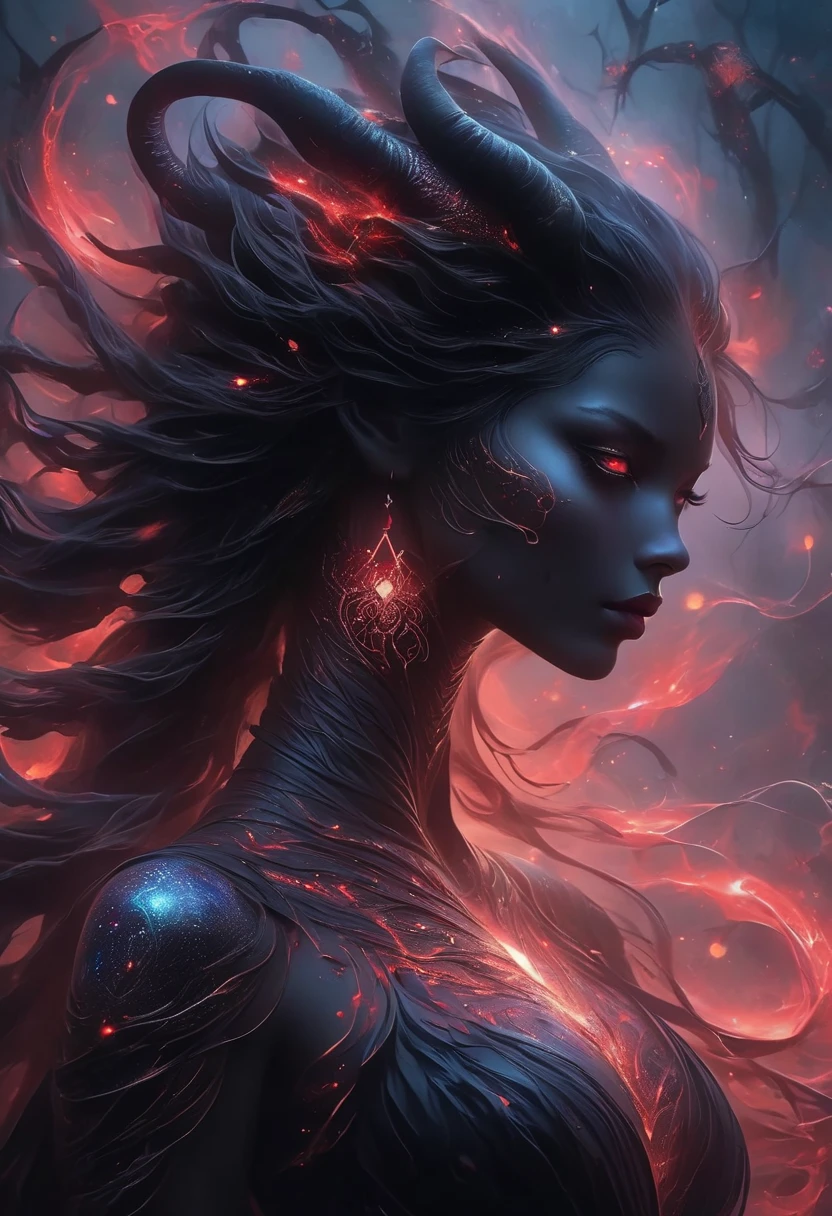 From the depths of space, a treacherous she-demon emerges, her visage terrifying yet graceful. The intensity of her expression is matched by her pallid skin and dark shadows, with sharp, elongated fangs. (Super-long, extremely detailed) Her body is covered with serpent-like eyes, and her flowing black hair cascades in long, rippling waves. Her eyes glint a sinister red, and her claws are ruthlessly sharp. A dark aura surrounds her, creating an ominous atmosphere. This demon-like entity stands against a cosmic backdrop filled with stars and galaxies, a celestial landscape imbued with mysterious energy and ethereal light. She exudes an otherworldly beauty that is both cursed and bewitching, her tongue and scales serpentine in nature. Her glowing black wings are ornate with complex patterns and metallic-lustered black feathers. The jagged mountain ranges form her silhouette, and a captivating glowing forest with twisted trees envelops her. Phosphorescent flora and fauna, a blood-red moon, broken dimensions and portals, crackling electricity and energy sparks all contribute to an unforgettable and deceptive beauty. The female wields manipulation and supernatural powers, her allure both mysterious and seductive, powerful and untamed. She commands awe and reverence, blending Gothic and surreal artistic styles. With stark contrasting colors, a black and red color palette paints the scene. Dramatic lighting and dark shadows play across this tableau of light and darkness.