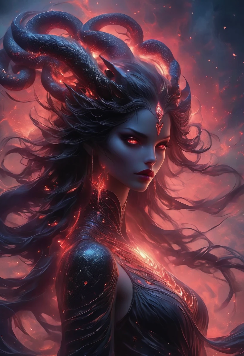 From the depths of space, a treacherous she-demon emerges, her visage terrifying yet graceful. The intensity of her expression is matched by her pallid skin and dark shadows, with sharp, elongated fangs. (Super-long, extremely detailed) Her body is covered with serpent-like eyes, and her flowing black hair cascades in long, rippling waves. Her eyes glint a sinister red, and her claws are ruthlessly sharp. A dark aura surrounds her, creating an ominous atmosphere. This demon-like entity stands against a cosmic backdrop filled with stars and galaxies, a celestial landscape imbued with mysterious energy and ethereal light. She exudes an otherworldly beauty that is both cursed and bewitching, her tongue and scales serpentine in nature. Her glowing black wings are ornate with complex patterns and metallic-lustered black feathers. The jagged mountain ranges form her silhouette, and a captivating glowing forest with twisted trees envelops her. Phosphorescent flora and fauna, a blood-red moon, broken dimensions and portals, crackling electricity and energy sparks all contribute to an unforgettable and deceptive beauty. The female wields manipulation and supernatural powers, her allure both mysterious and seductive, powerful and untamed. She commands awe and reverence, blending Gothic and surreal artistic styles. With stark contrasting colors, a black and red color palette paints the scene. Dramatic lighting and dark shadows play across this tableau of light and darkness.
