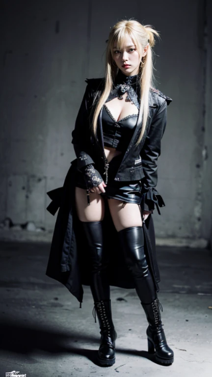 1 female Japanese gothic rocker, Asian eyes, Ultra detailed face and eyes, pretty face, Hyperrealistic, realistic representation,  40  years old,  wearing black rocker clothes, she wears boots, hairstyle: Visual Kei, blonde hair, black hair, full body, goes through Tokyo