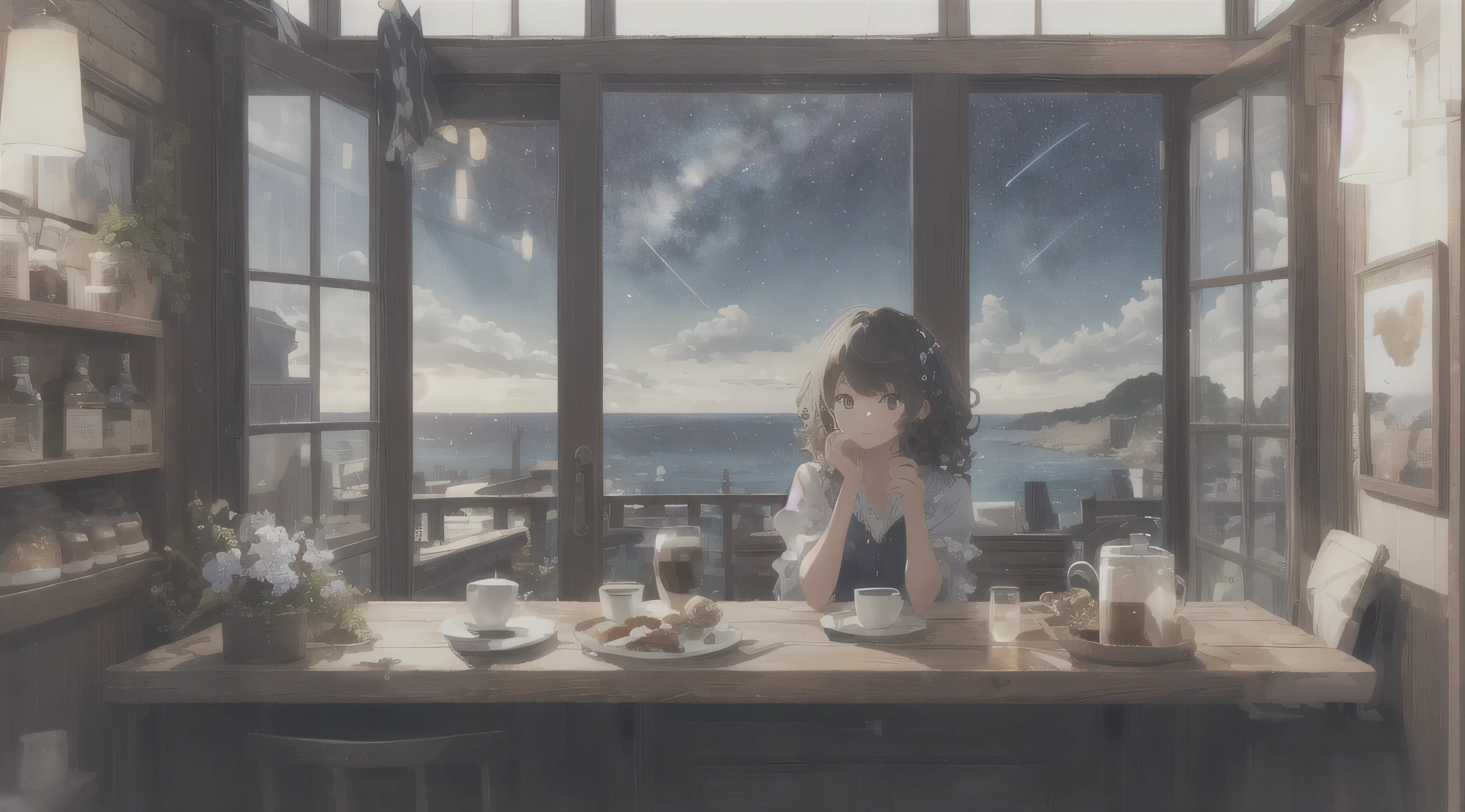 (highest quality: 1.5), (Super detailed: 1.5), (highest quality Photo: 1.5), Cafe,coffee,Outside the window, the sea as far as the eye can see, Starry Sky, Meteors, horizon, Pitch black sea, Midnight, Midnight, Milky Way, nebula, Particles of light, Very delicate and beautiful, very detailed, Mysterious, Cinematic Angles, 8k resolution, elegant, perfection, Smooth,Beautiful girl looking forward,one person, very cute, curly,