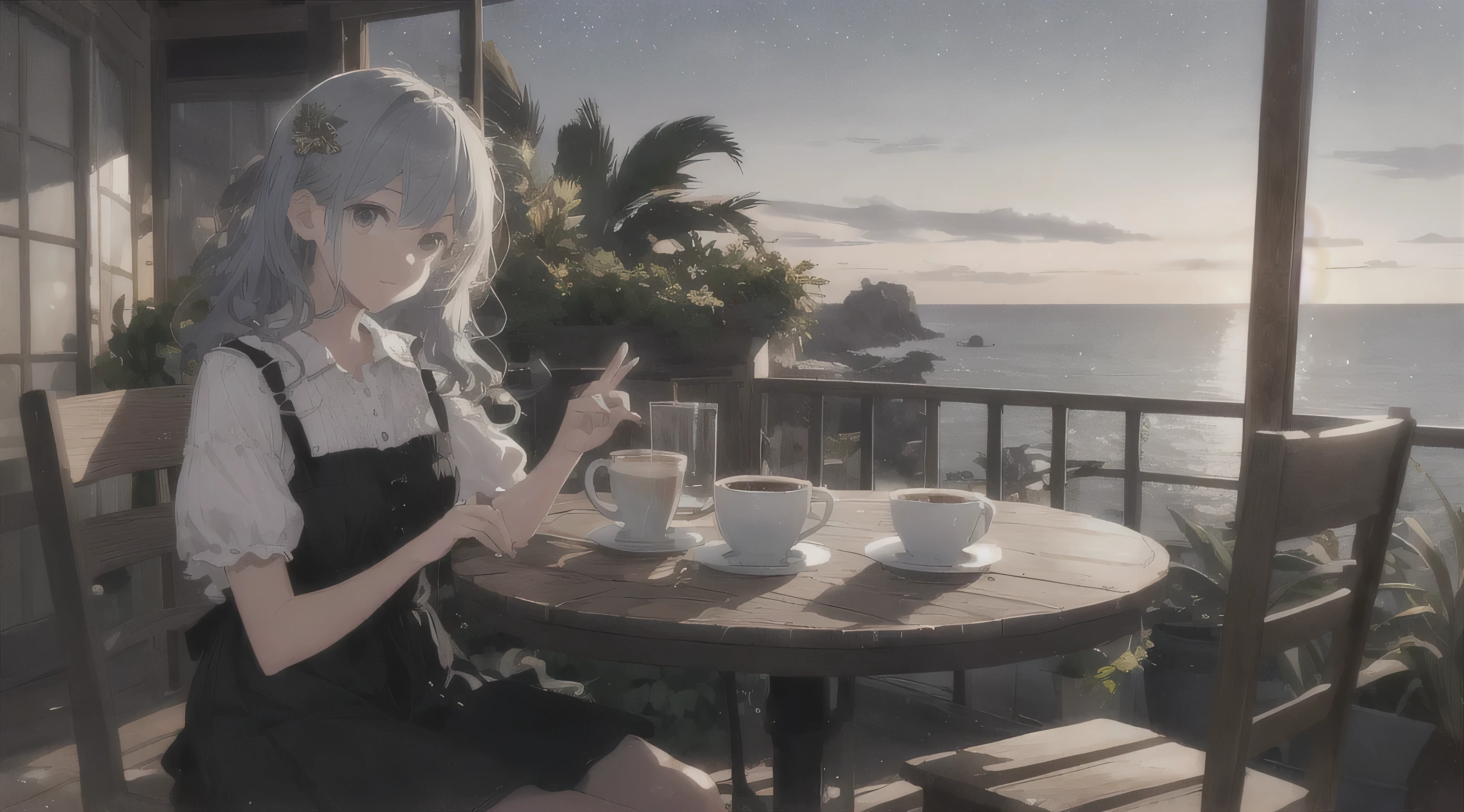 (highest quality: 1.5), (Super detailed: 1.5), (highest quality Photo: 1.5), Cafe,coffee,Outside the window, the sea as far as the eye can see, Starry Sky, Meteors, horizon, Pitch black sea, Midnight, Midnight, Milky Way, nebula, Particles of light, Very delicate and beautiful, very detailed, Mysterious, Cinematic Angles, 8k resolution, elegant, perfection, Smooth,Beautiful girl looking forward,one person, very cute, curly,