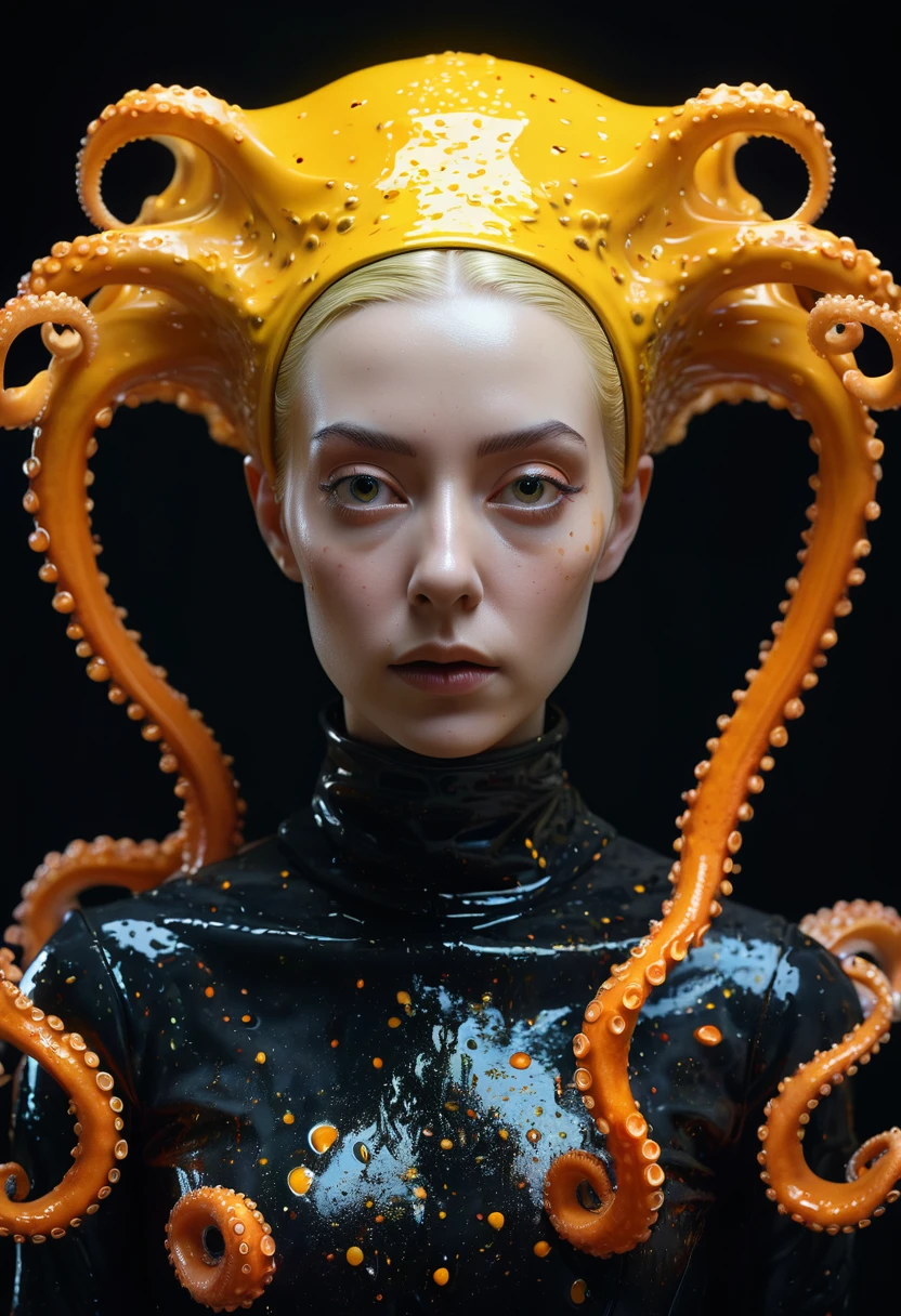 8K, ARTISTIC photogrAphy, best quAlity, mAsterpiece: 1.2), A (potrAit:1.2) witch BLOOD Toon Doll Cthulhu nun QUEEN, ORANGE many octopus style tentacles, full body RAW candid cinema, yellow hair, 16mm, color graded portra 400 film, remarkable color, ultra realistic, sad admosphere, dark lighting, oppressive atmosphere, depressive colors, kodak portra 400, photograph,r, Natural Light, Pinhead lighgts, blur reflection, Brush Strokes, Smooth, abstract, Splatter, Oil On Canvas, rainbow colors, fractal isometrics details bioluminescens : a stunning realistic photograph of wet bone structure, 3d render, octane render, intricately detailed, titanium decorative headdress, cinematic, trending on artstation | Isometric | Centered