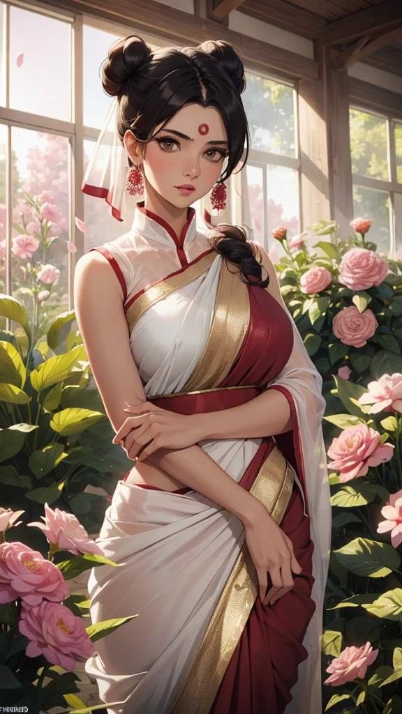 masterpiece, absurdres, tenten\(naruto\), 1girl, solo,mature female, wearing indian saree, saree has blouse sleeveless,white saree, red dupatta and red pallu, looking at viewelling petals), perfect composition, detailed lips, big breast, beautiful face, body proportion, blush, (pink lips), long black hair,double bun hair, brown-eyed, soft gaze, super realistic, detailed, photoshoot, realistic face and body, full body picture, standing in the middle of a flower garden